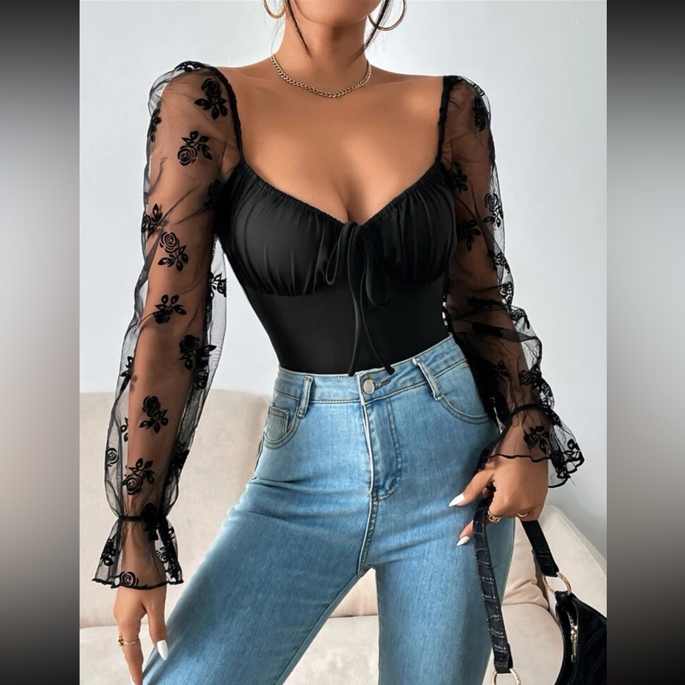 Luxe floral mesh sleeve open back bodysuit